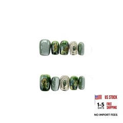 Light Luxury Handmade Green Marble Effect Press-On Nails, Reusable Glitter S
