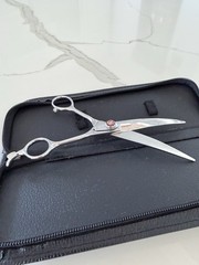 7in FOGOSP Silver Stainless Steel Curved Shears, Finger Rest, Adj Knob Case