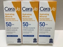CeraVe Hydrating Mineral Face Sunscreen, SPF50, 2.5oz, Exp. 04/2027, 3pk