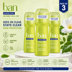 Ban Powder Fresh Invisible Roll-On Antiperspirant Deodorant 3 Pack